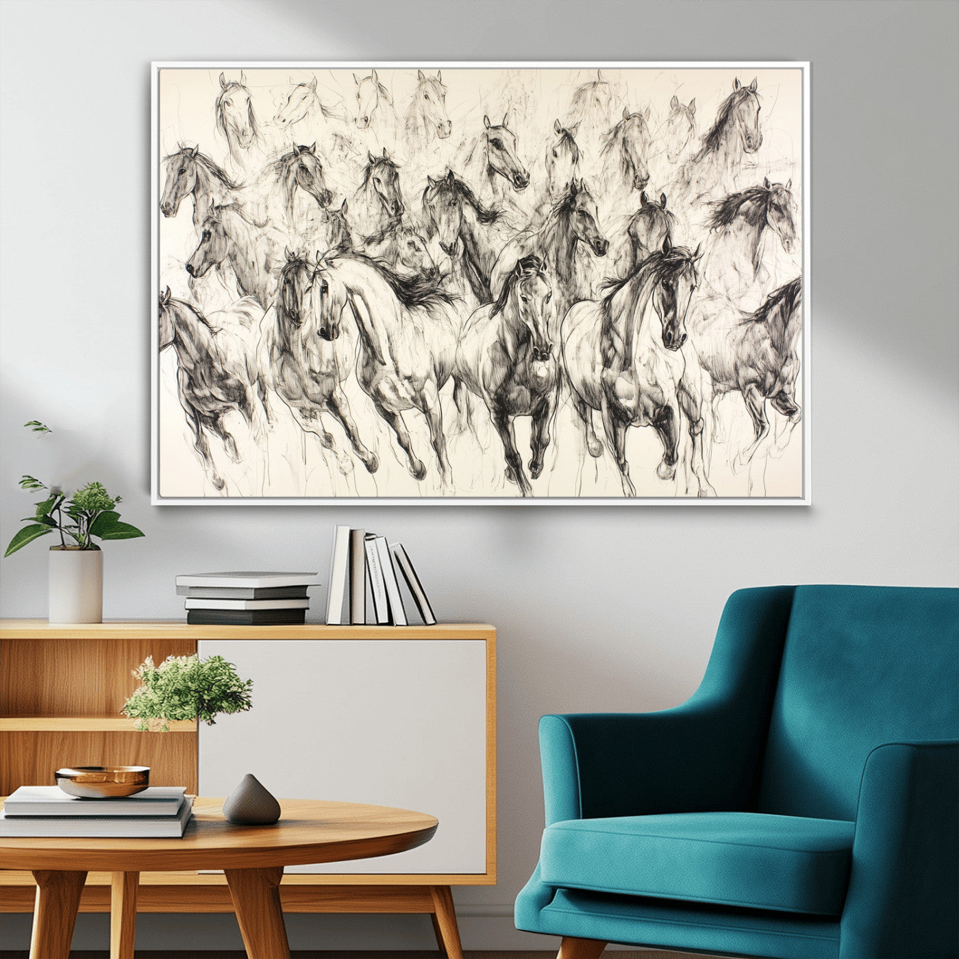 19433417-MGV-FC-36X24_White-Running Horses Wall Art Canvas Print, Framed Horse Sketch Art Picture Print, Galloping Herd Perfect Monochrome Western Decor