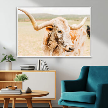 21060648-MGV-FC-36X24_White-Texas Longhorn Wall Art Canvas Print, Framed Speckled Cow Art Picture Print, Rustic Bull Perfect Rustic Western Decor Artwork