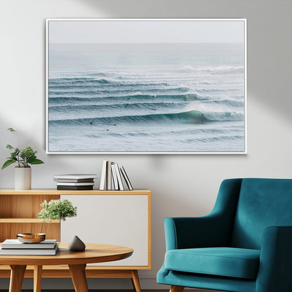73969318-MGV-CV-36X24-Ocean Waves Wall Art Canvas Print, Framed Surfer Lineup Art Picture Print, Crowded Ocean Perfect Minimal Coastal Decor Artwork