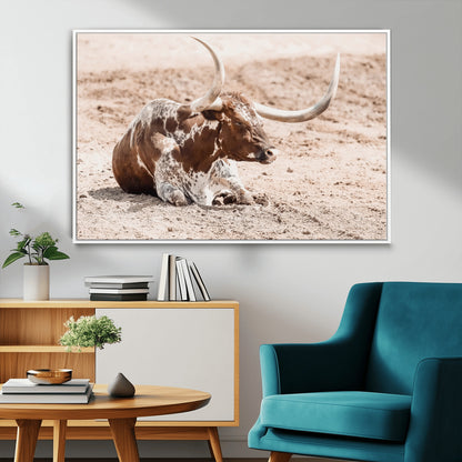 25407592-MGV-CV-36X24-Texas Longhorn Wall Art Canvas Print, Framed Resting Bull Art Picture Print, Spotted Cattle Perfect Rustic Western Decor Artwork
