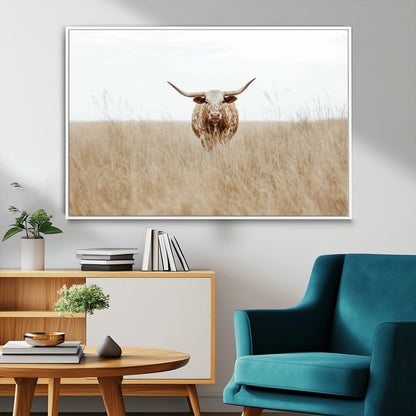 20927060-MGV-FC-36X24_White-Texas Longhorn Wall Art Canvas Print, Framed Lone Cattle Art Picture Print, Longhorn Bull Perfect Rustic Western Decor Artwork