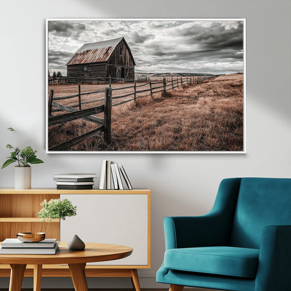 73898372-MGV-CV-36X24-Rustic Barn Wall Art Canvas Print, Framed Moody Field Art Picture Print, Weathered Fence Perfect Moody Farmhouse Decor Artwork