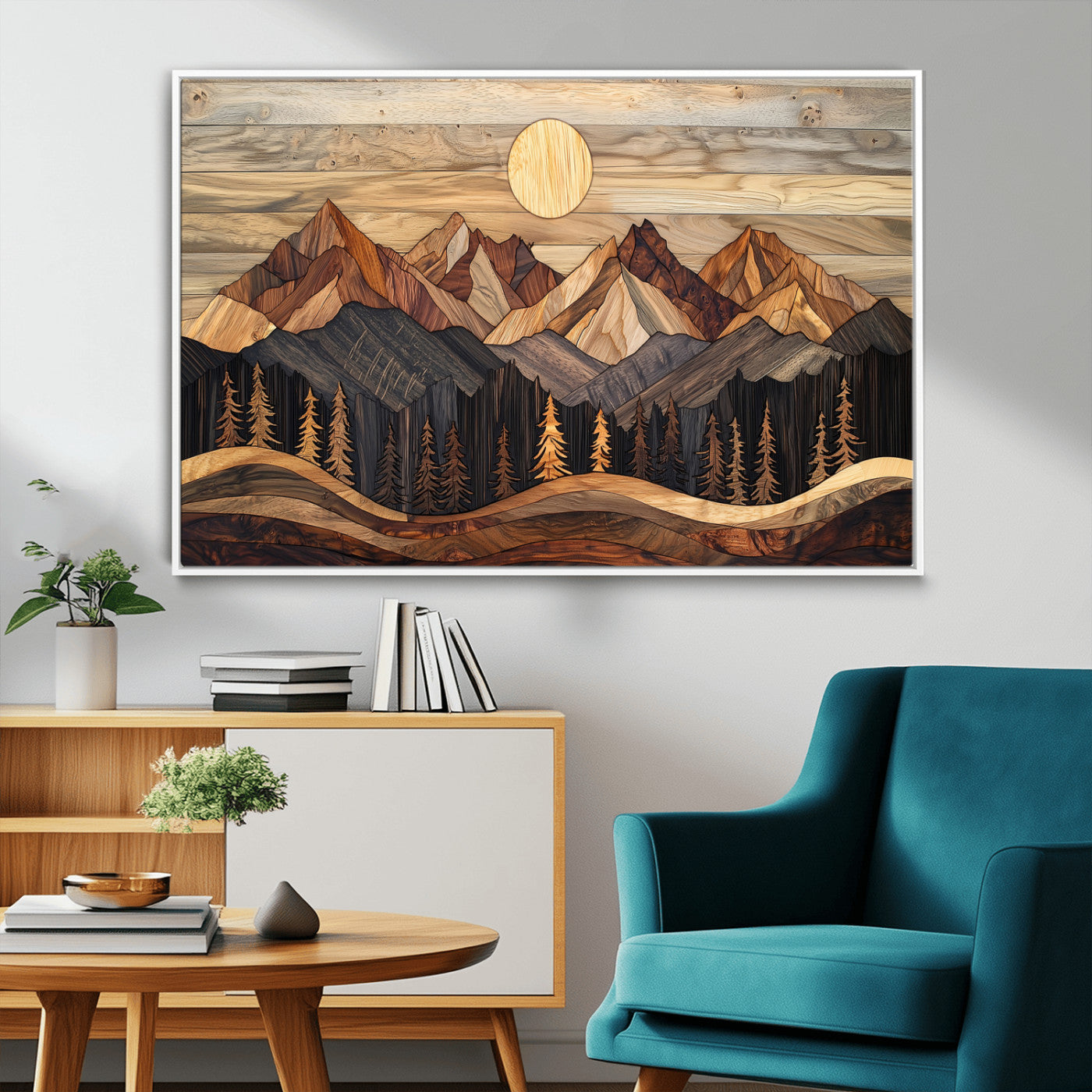 50100230-MGV-CV-36X24-Wooden Mountain Wall Art – Rustic Nature Landscape Canvas Print, Handmade Style Sun, Forest, and Peaks Artwork for Living Room,