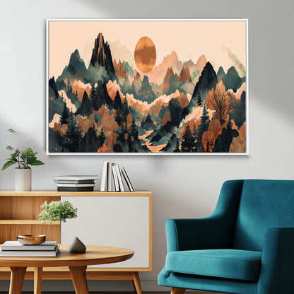 13012770-MGV-FC-36X24_White-Mountain Landscape Wall Art – Modern Nature Canvas Print with Sun, Misty Peaks, and Forest in Orange and Green Tones for Living