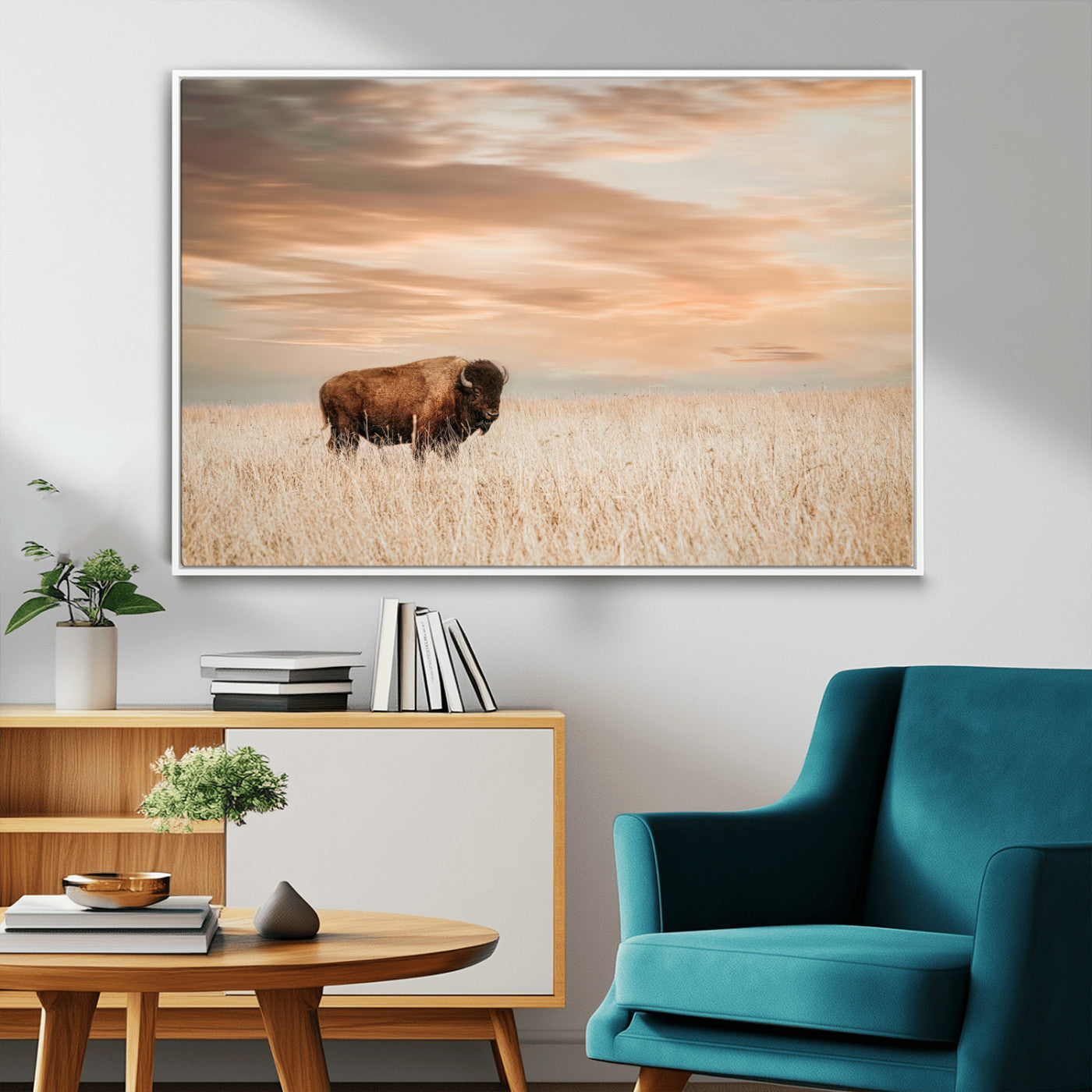 87282289-MGV-FC-36X24_White-Bison Wall Art Canvas Print, Framed Buffalo Art Picture Print, Western Prairie Perfect Rustic Decor Artwork