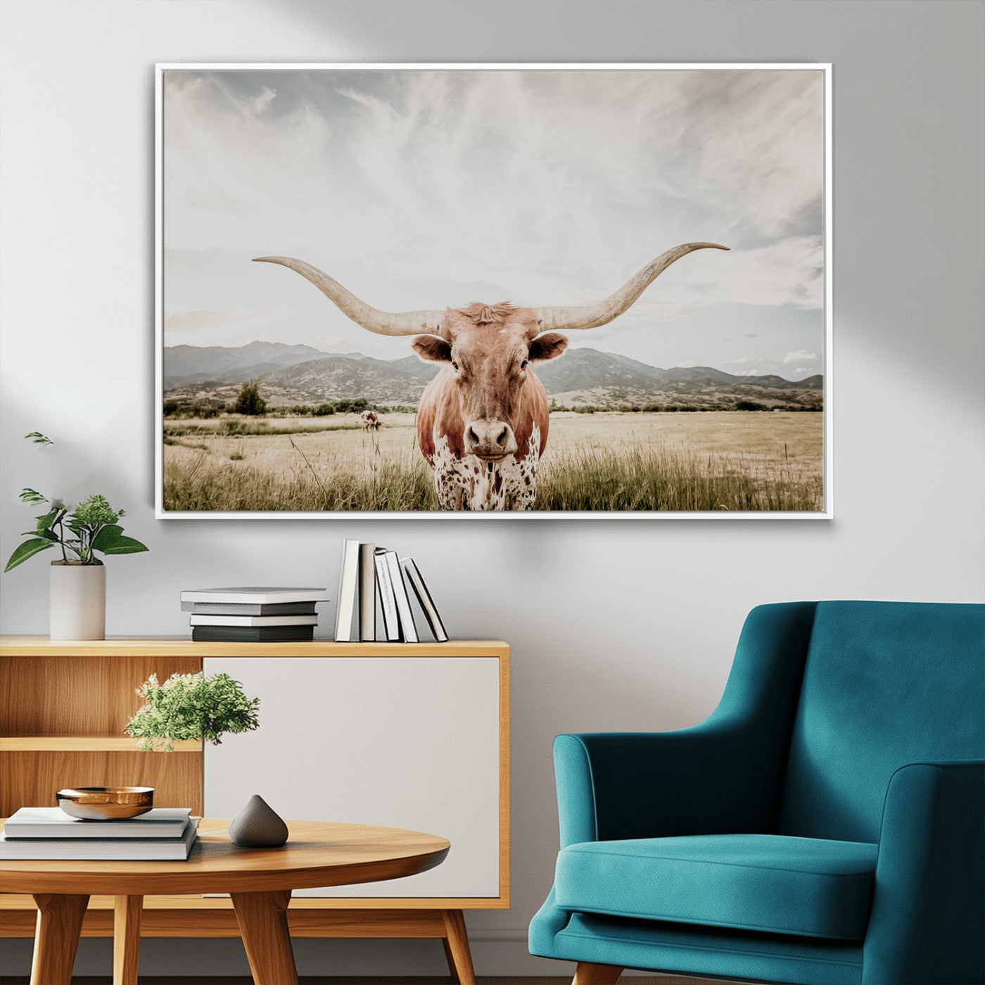 80054319-MGV-CV-36X24-Texas Longhorn Wall Art Canvas Print, Framed Western Cow Art Picture Print, Rustic Farmhouse Perfect Farmhouse Decor Artwork