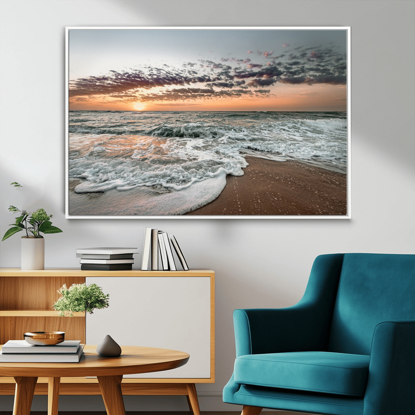 40632752-MGV-FC-36X24_White-Ocean Sunset Wall Art Canvas Print, Framed Beach Waves Art Picture Print, Coastal Scene Perfect Coastal Decor Artwork