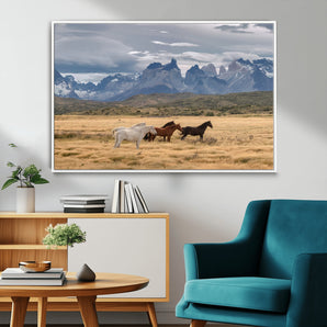 69960232-MGV-CV-36X24-Wild Horses Wall Art Canvas Print, Framed Patagonian Peaks Art Picture Print, Torres del Paine Perfect Rustic Patagonian Decor
