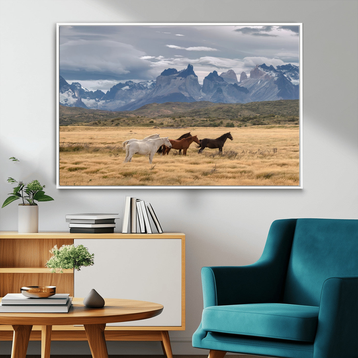 69960232-MGV-CV-36X24-Wild Horses Wall Art Canvas Print, Framed Patagonian Peaks Art Picture Print, Torres del Paine Perfect Rustic Patagonian Decor