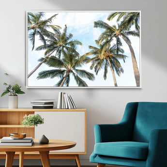 87247012-MGV-CV-36X24-Skyward Palm Trees Wall Art Canvas Print, Framed Tropical Sky Art Picture Print, Coconut Palm Perfect Tropical Skyview Decor