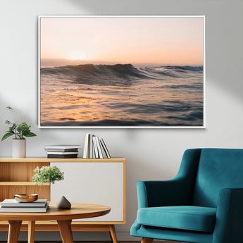 46299358-MGV-FC-36X24_White-Sunset Waves Wall Art Canvas Print, Framed Ocean Horizon Art Picture Print, Golden Water Perfect Golden Hour Coastal Decor Artwork