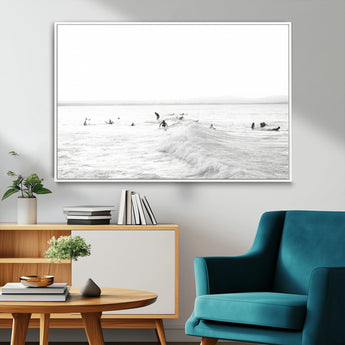 33449548-MGV-CV-36X24-Group Surfers Wall Art Canvas Print, Framed Ocean Wave Art Picture Print, Surf Crowd Perfect Monochrome Surf Decor Artwork
