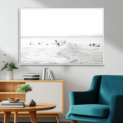 33449548-MGV-CV-36X24-Group Surfers Wall Art Canvas Print, Framed Ocean Wave Art Picture Print, Surf Crowd Perfect Monochrome Surf Decor Artwork