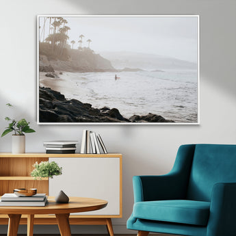 62501405-MGV-CV-36X24-Misty Beach Wall Art Canvas Print, Framed California Surfer Art Picture Print, Coastal Cliff Perfect Coastal Beach Decor Artwork