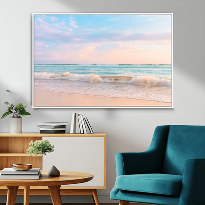 74679437-MGV-CV-36X24-Pastel Ocean Wall Art Canvas Print, Framed Beach Waves Art Picture Print, Soft Sunset Perfect Pastel Coastal Decor Artwork