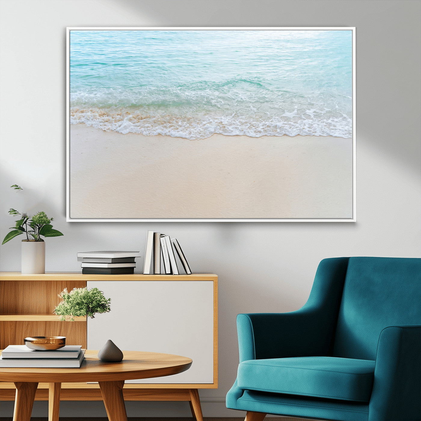 77194056-MGV-CV-36X24-Soft Shoreline Wall Art Canvas Print, Framed Gentle Waves Art Picture Print, Clear Water Perfect Minimalist Coastal Decor Artwork