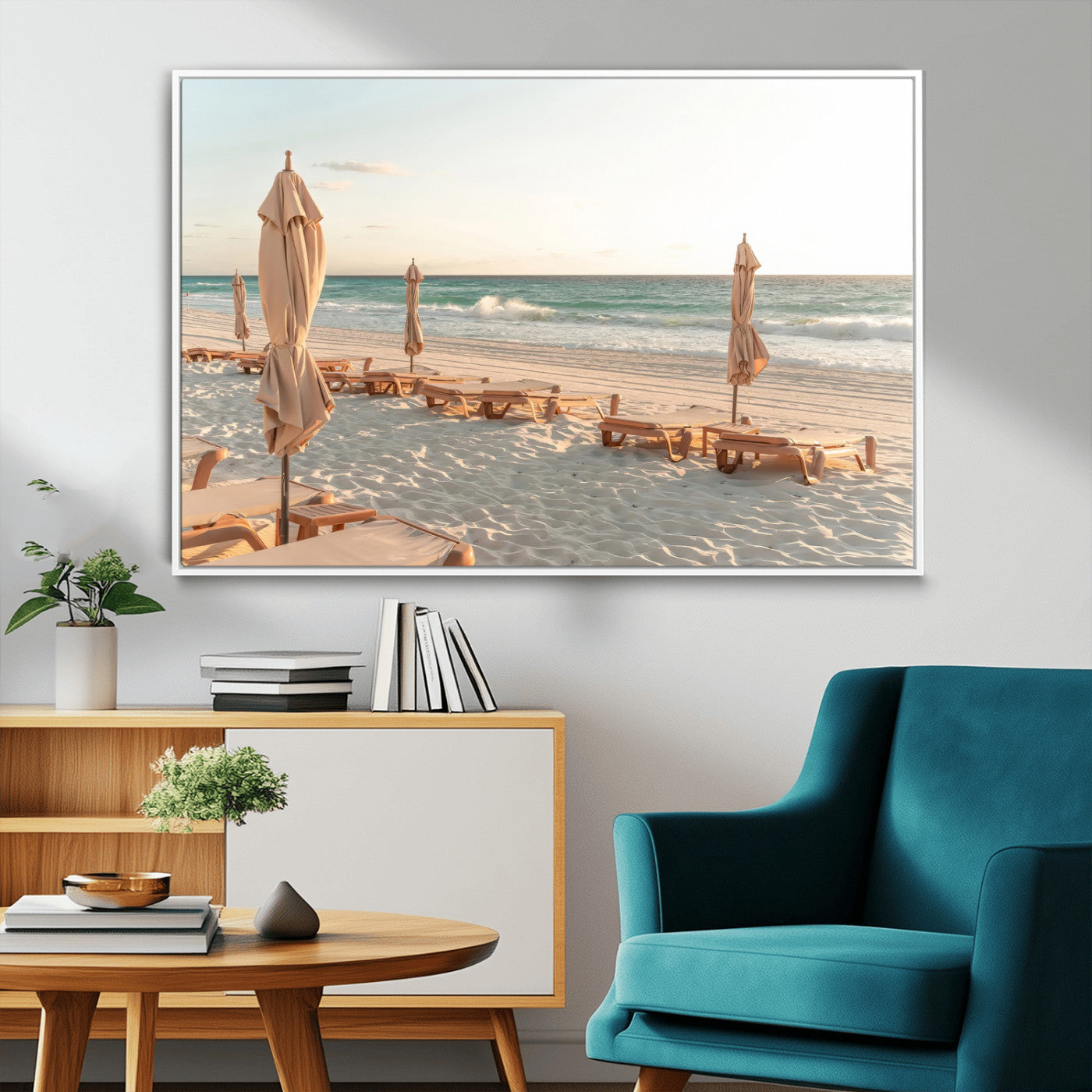 58507949-MGV-CV-36X24-Beach Umbrellas Wall Art Canvas Print, Framed Empty Loungers Art Picture Print, Soft Sand Perfect Minimalist Seaside Decor Artwork