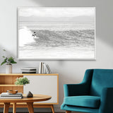 81535128-MGV-CV-36X24-Surfer Woman Wall Art Canvas Print, Framed Black Ocean Art Picture Print, Ocean Surfing Perfect Monochrome Coastal Decor Artwork