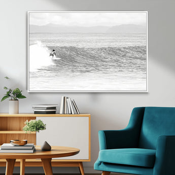 81535128-MGV-CV-36X24-Surfer Woman Wall Art Canvas Print, Framed Black Ocean Art Picture Print, Ocean Surfing Perfect Monochrome Coastal Decor Artwork