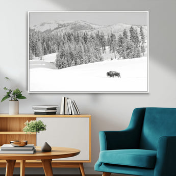 68081143-MGV-FC-36X24_White-Snowy Bison Wall Art Canvas Print, Framed Winter Forest Art Picture Print, Lone Bison Perfect Monochrome Winter Wild Decor Artwork