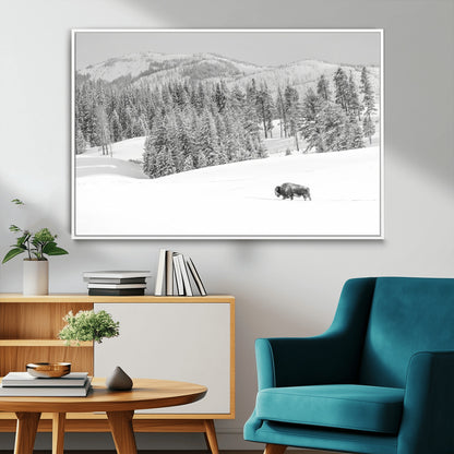 68081143-MGV-FC-36X24_White-Snowy Bison Wall Art Canvas Print, Framed Winter Forest Art Picture Print, Lone Bison Perfect Monochrome Winter Wild Decor Artwork