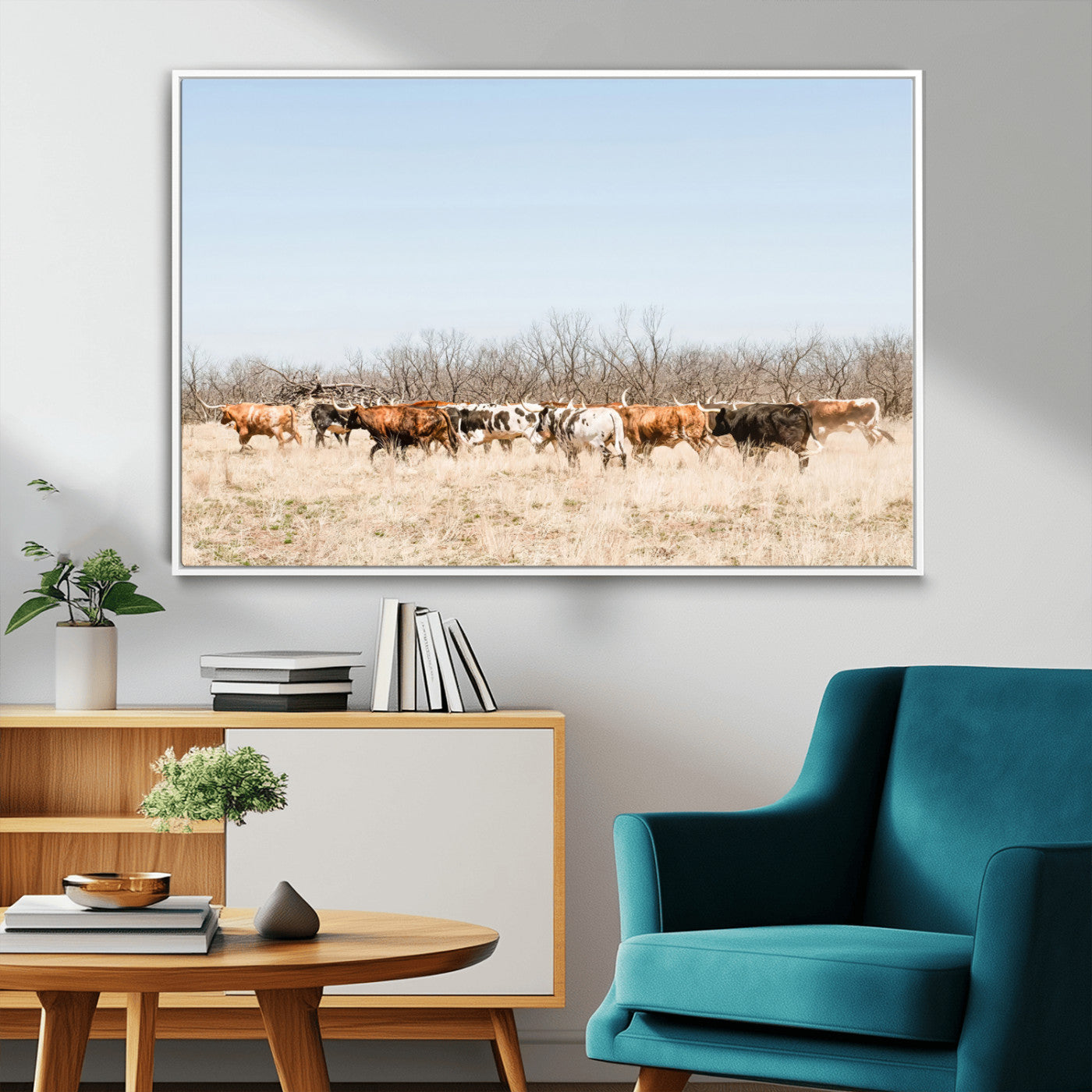 16563092-MGV-CV-36X24-Texas Longhorns Wall Art Canvas Print, Framed Western Cattles Art Picture Print, Rustic Herd Perfect Rustic Farmhouse Decor