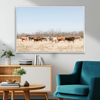16563092-MGV-CV-36X24-Texas Longhorns Wall Art Canvas Print, Framed Western Cattles Art Picture Print, Rustic Herd Perfect Rustic Farmhouse Decor