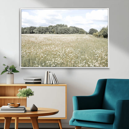 43258946-MGV-CV-36X24-Daisy Field Wall Art Canvas Print, Framed Pastel Flower Art Picture Print, Meadow Bloom Perfect Scandinavian Minimalist Decor