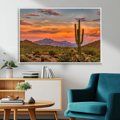 25332783-MGV-CV-36X24-Saguaro Cactus Wall Art Canvas Print, Framed Arizona Sunset Art Picture Print, Sonoran Desert Perfect Southwestern Boho Decor