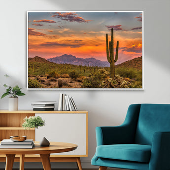 25332783-MGV-FC-36X24_White-Saguaro Cactus Wall Art Canvas Print, Framed Arizona Sunset Art Picture Print, Sonoran Desert Perfect Southwestern Boho Decor