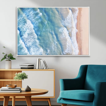 17641845-MGV-CV-36X24-Aerial Ocean Wall Art Canvas Print, Framed Blue Waves Art Picture Print, Sandy Shoreline Perfect Modern Coastal Decor Artwork