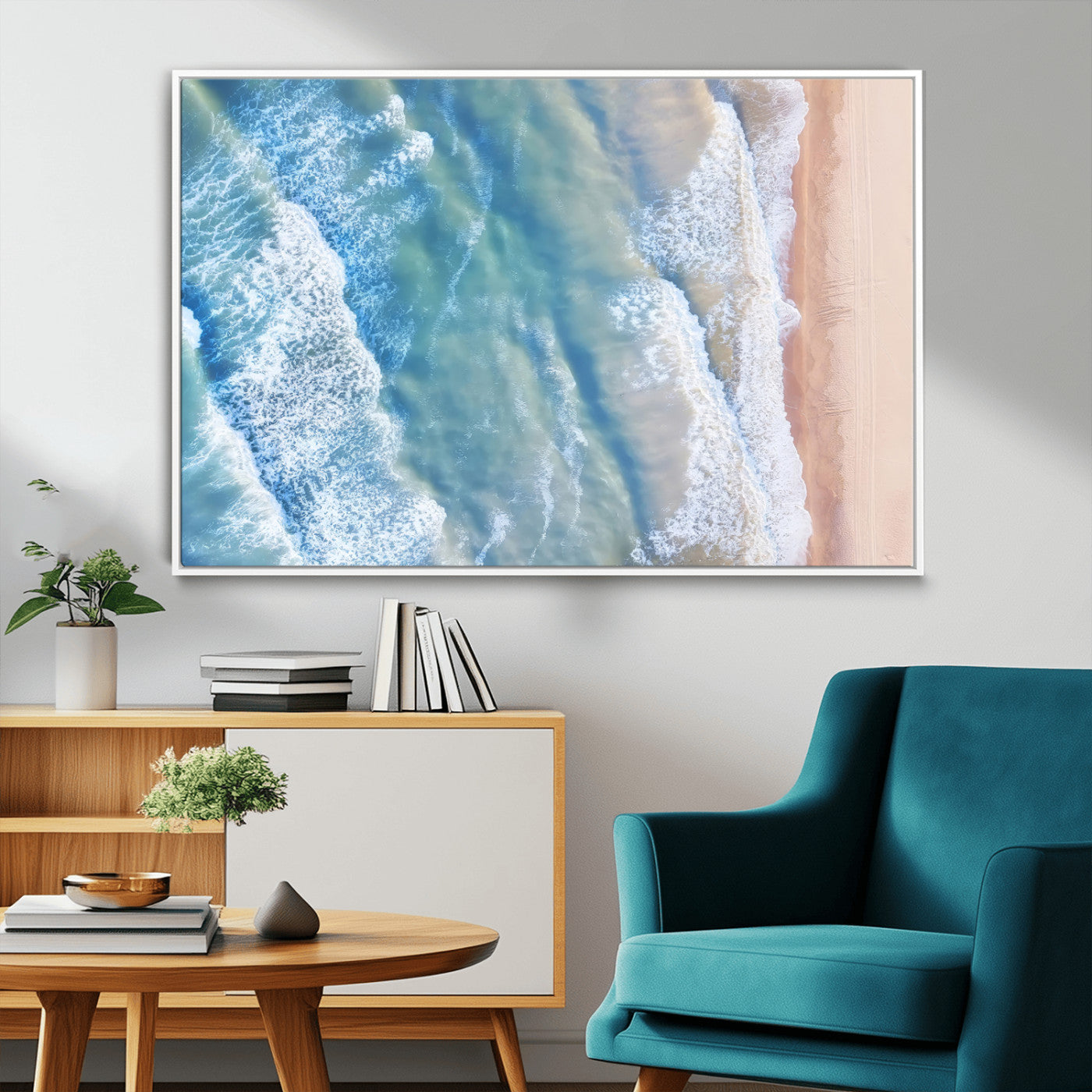 17641845-MGV-FC-36X24_White-Aerial Ocean Wall Art Canvas Print, Framed Blue Waves Art Picture Print, Sandy Shoreline Perfect Modern Coastal Decor Artwork