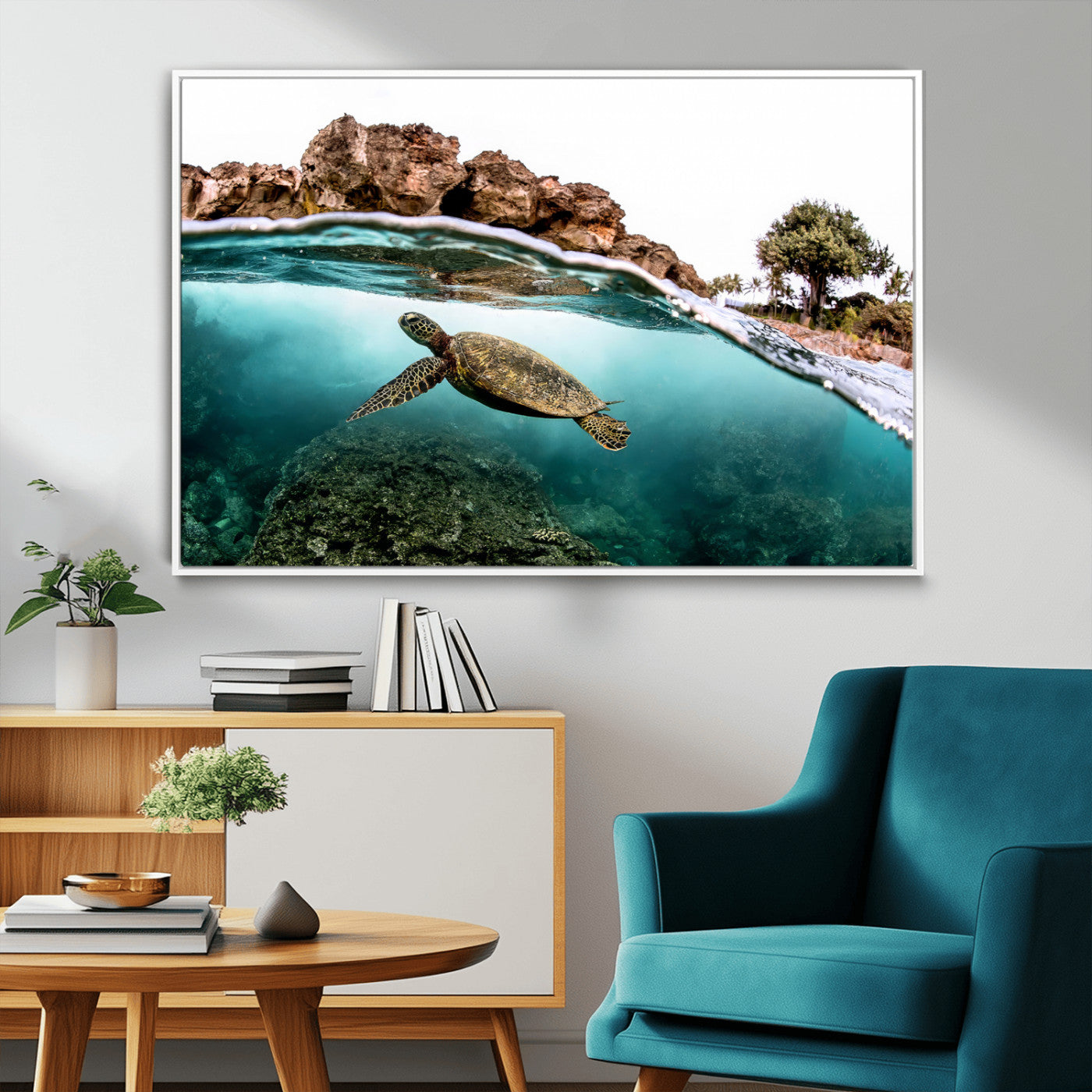 44200301-MGV-CV-36X24-Sea Turtle Swim Wall Art Canvas Print, Framed Ocean Life Art Picture Print, Tropical Shoreline Perfect Tropical Coastal Decor