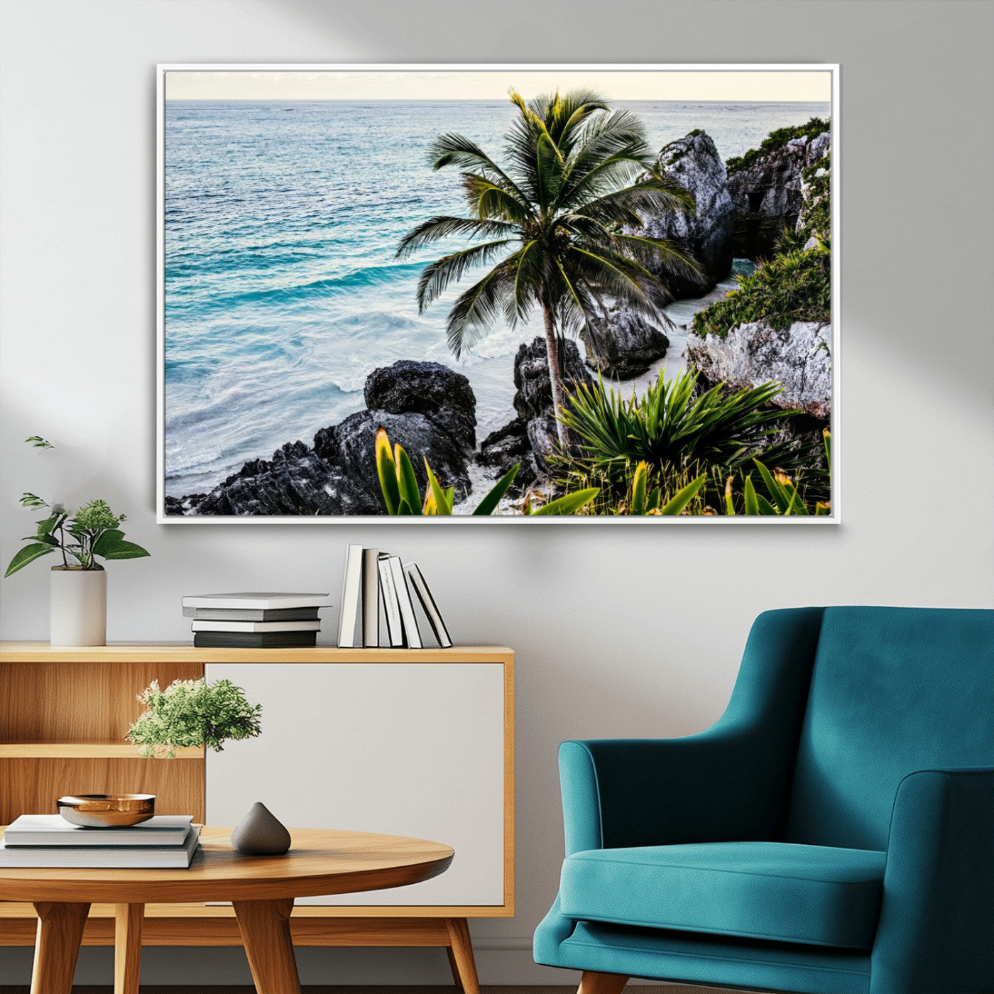 94669907-MGV-FC-36X24_White-Tropical Coastline Wall Art Canvas Print, Framed Palm Tree Art Picture Print, Rocky Beach Perfect Tropical Coastal Decor Artwork
