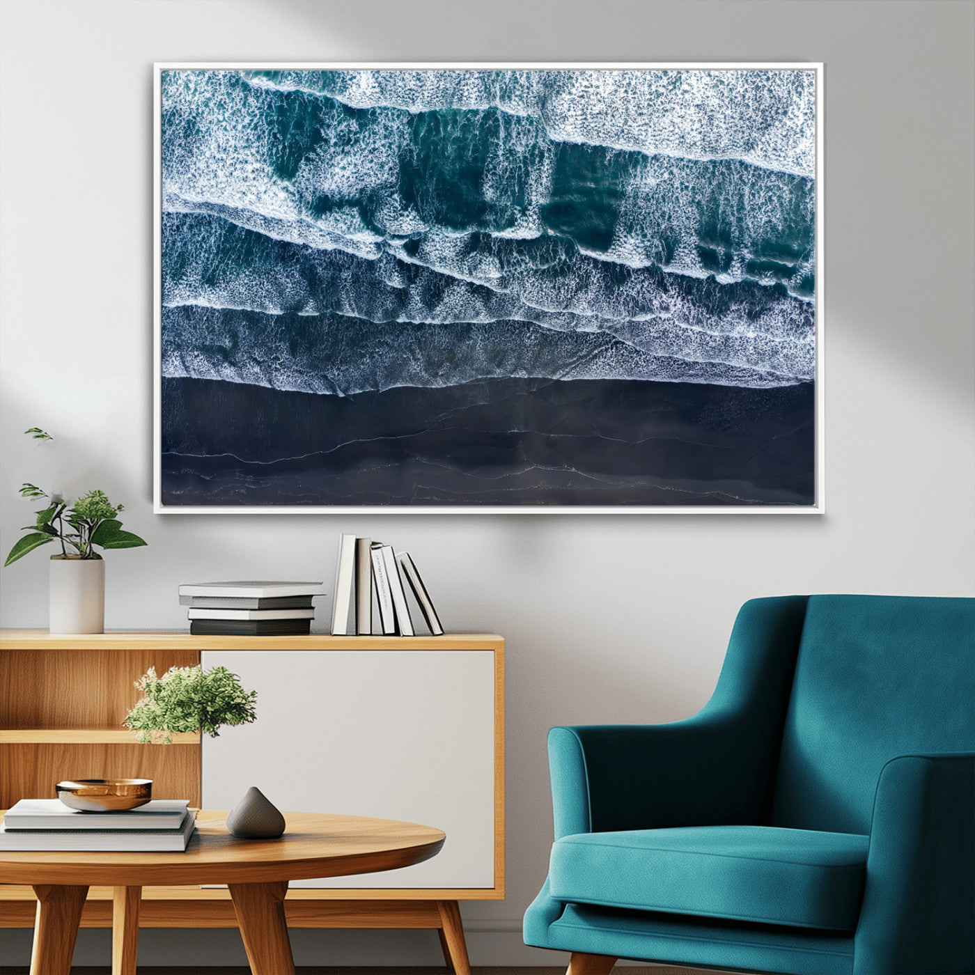 87941475-MGV-FC-36X24_White-Black Beach Wall Art Canvas Print, Framed Aerial Ocean Art Picture Print, Moody Coastal Perfect Modern Coastal Decor Artwork