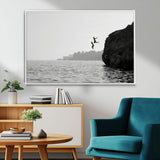 52284302-MGV-CV-36X24-Cliff Jumping Wall Art Canvas Print, Framed Ocean Adventure Art Picture Print, Black White Coast Perfect Modern Coastal Decor