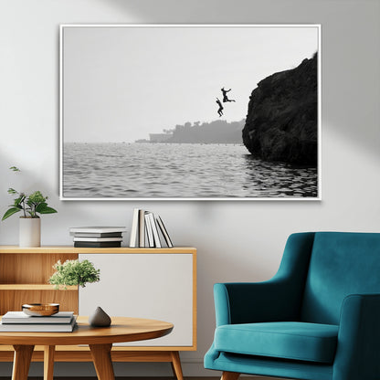 52284302-MGV-CV-36X24-Cliff Jumping Wall Art Canvas Print, Framed Ocean Adventure Art Picture Print, Black White Coast Perfect Modern Coastal Decor