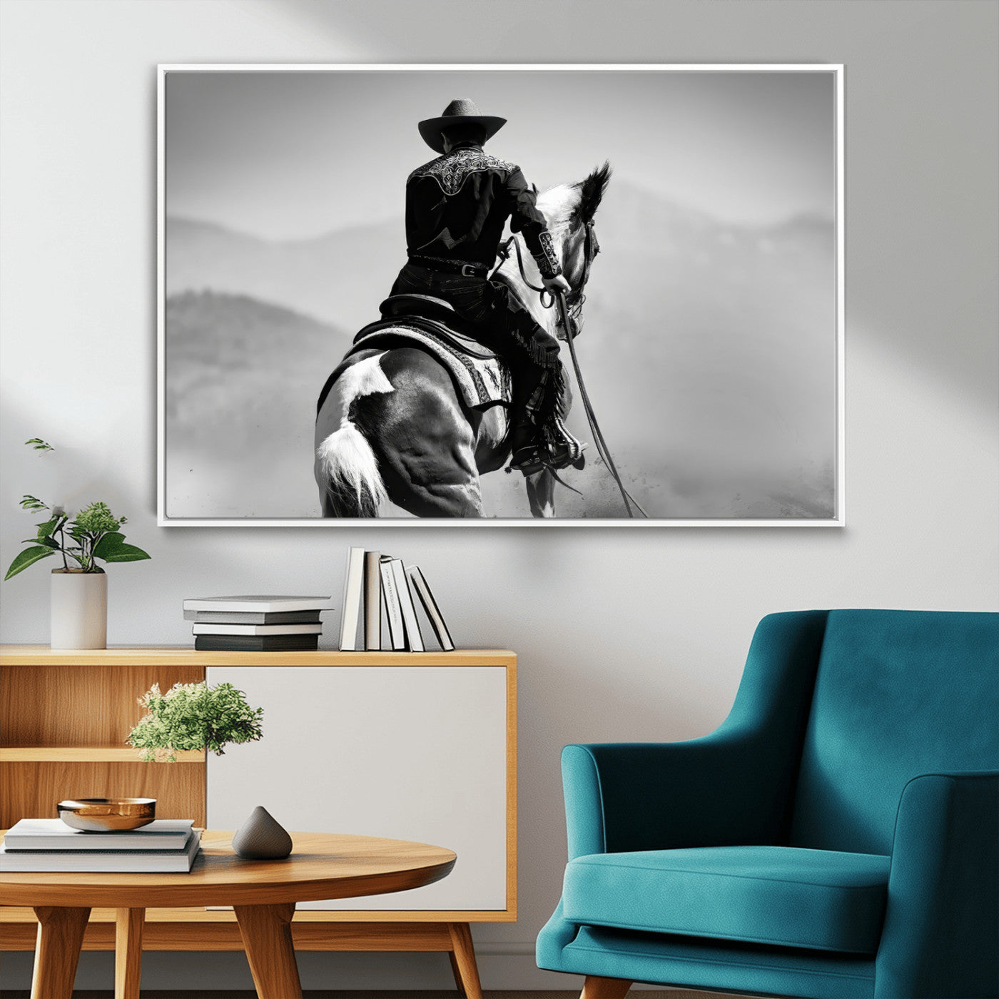 83102464-MGV-FC-36X24_White-Western Cowboy Wall Art Canvas Print, Framed Monochrome Horse Art Picture Print, Western Equestrian Perfect Rustic Western Decor