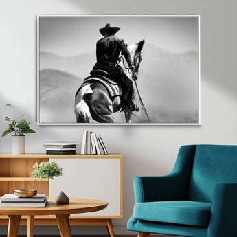 83102464-MGV-FC-36X24_White-Western Cowboy Wall Art Canvas Print, Framed Monochrome Horse Art Picture Print, Western Equestrian Perfect Rustic Western Decor