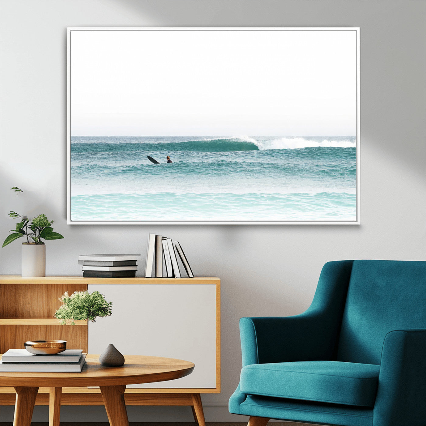 56345117-MGV-CV-36X24-Minimalist Surfing Wall Art Canvas Print, Framed Ocean Waves Art Picture Print, Soft Ocean Perfect Minimalist Coastal Decor