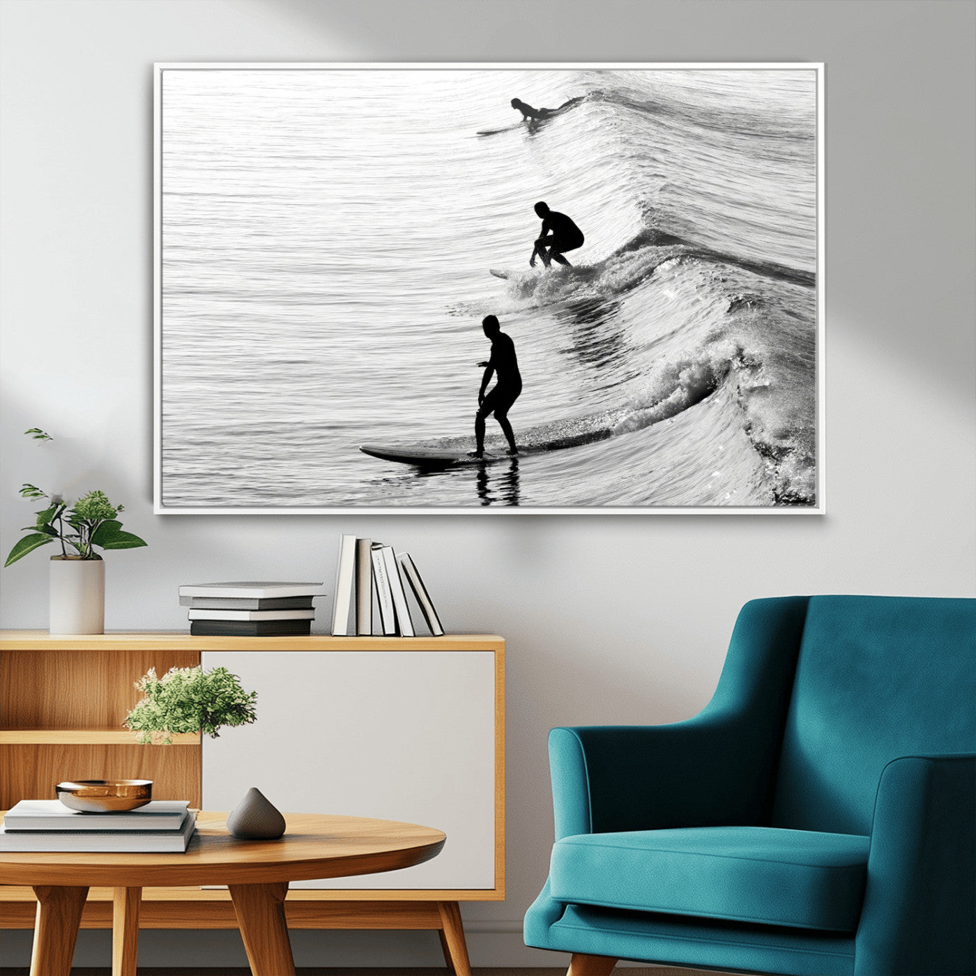 19875284-MGV-CV-36X24-Surfer Waves Wall Art Canvas Print, Framed Black White Surf Art Picture Print, Monochrome Ocean Perfect Modern Coastal Decor