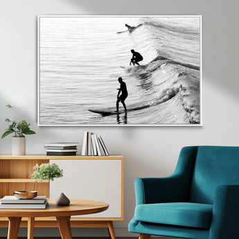 19875284-MGV-CV-36X24-Surfer Waves Wall Art Canvas Print, Framed Black White Surf Art Picture Print, Monochrome Ocean Perfect Modern Coastal Decor