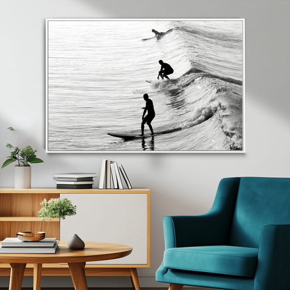 19875284-MGV-CV-36X24-Surfer Waves Wall Art Canvas Print, Framed Black White Surf Art Picture Print, Monochrome Ocean Perfect Modern Coastal Decor