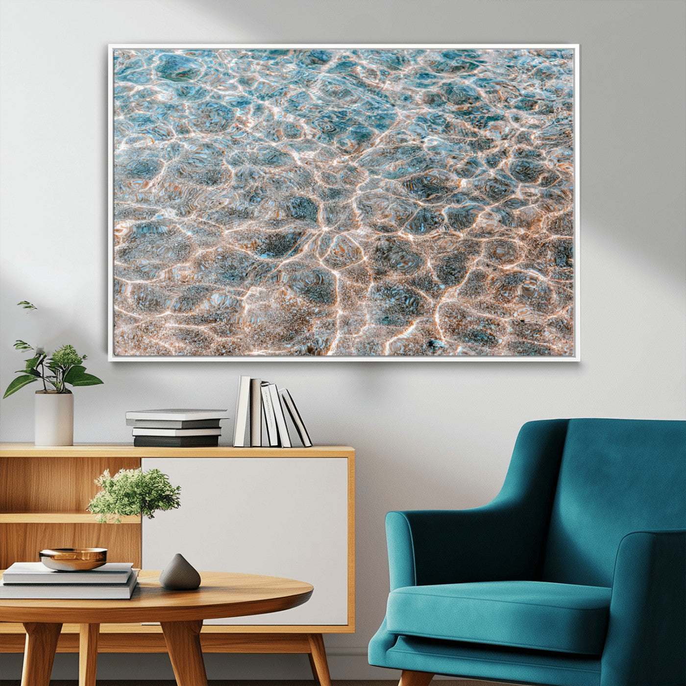 26580287-MGV-FC-36X24_White-Clear Water Wall Art Canvas Print, Framed Sunlit Ripples Art Picture Print, Ocean Texture Perfect Modern Coastal Decor Artwork