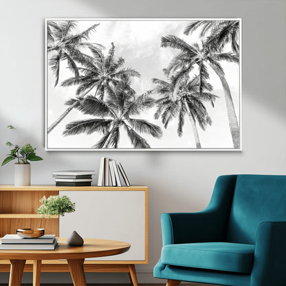 62113786-MGV-CV-36X24-Black White Palm Wall Art Canvas Print, Framed Monochrome Tropics Art Picture Print, Minimalist Beach Perfect Coastal Minimalist