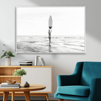 98446901-MGV-CV-36X24-Monochrome Surf Wall Art Canvas Print, Framed Minimalist Surfer Art Picture Print, Surfboard Silhouette Perfect Coastal Minimalist