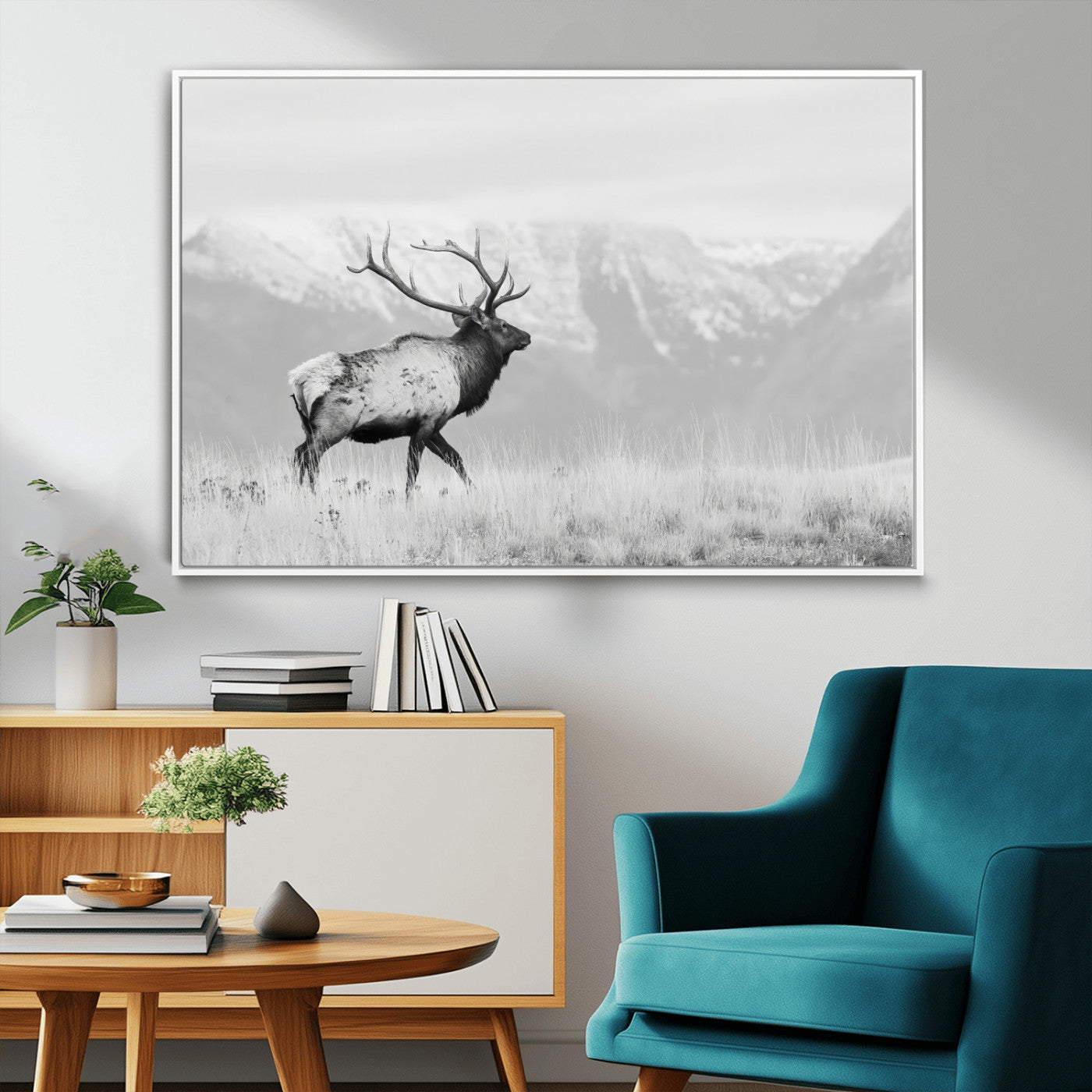 62278753-MGV-FC-36X24_White-Monochrome Elk Wall Art Canvas Print, Framed Mountain Wildlife Art Picture Print, Rustic Nature Perfect Rustic Minimalist Decor
