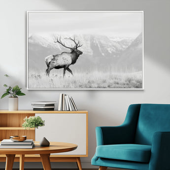 62278753-MGV-FC-36X24_White-Monochrome Elk Wall Art Canvas Print, Framed Mountain Wildlife Art Picture Print, Rustic Nature Perfect Rustic Minimalist Decor