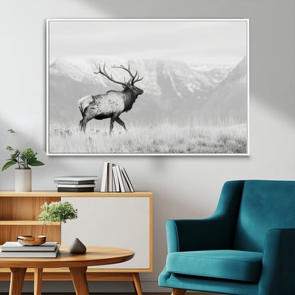 62278753-MGV-FC-36X24_White-Monochrome Elk Wall Art Canvas Print, Framed Mountain Wildlife Art Picture Print, Rustic Nature Perfect Rustic Minimalist Decor