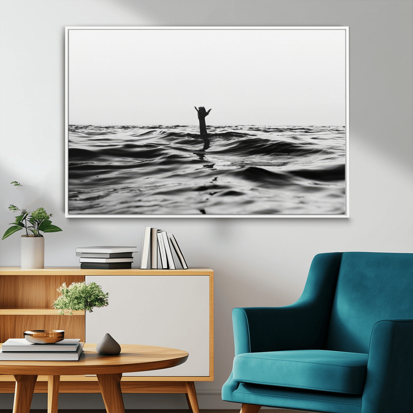 69541918-MGV-CV-36X24-Black White Ocean Wall Art Canvas Print, Framed Moody Seascape Art Picture Print, Surfer Sign Perfect Moody Minimalist Decor